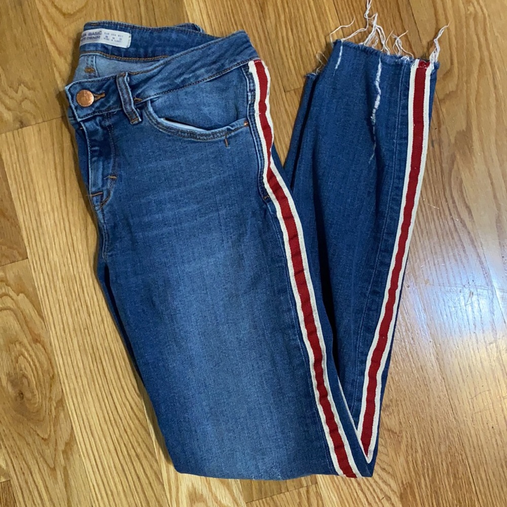 Blue Zara Jeans w/ red and white stripe
